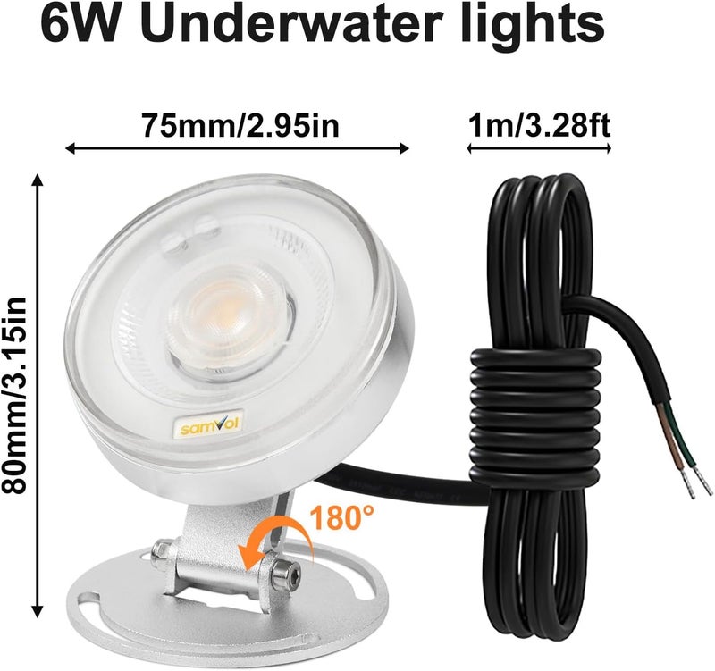 Samvol LED Underwater Pond Light, Heavy Duty Aluminum 12V 3000K Warm White IP68 Waterproof Fountain Light, Landscape Lamp for Swimming Pool, Fountain, Waterfall, Pond and Grass Land (6, Watts) - Image 3